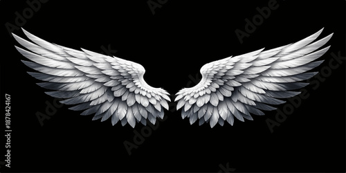 Vector illustration of white angel wings and a heart symbol isolated on a black background for a bird feather tattoo or dove flight design