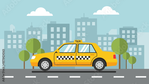 Yellow taxi cab driving down city street with buildings and trees in the background, viewed from the side