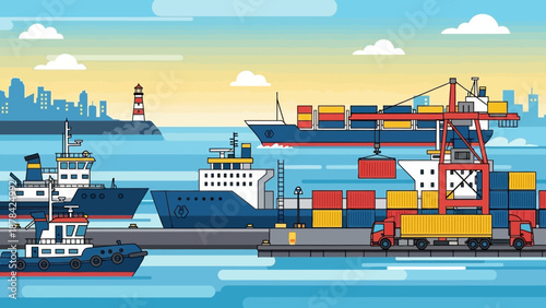 Cargo ships and containers in a busy harbor with a city skyline and lighthouse in the background