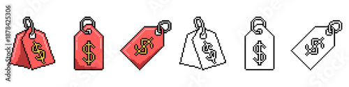 Set of pixel price tags vector for shop games. Ideal for sale labels, discount offers, market costs, and retro 8-bit retail value icons.