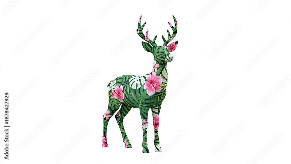 Obraz premium Deer covered in tropical leaves and pink flowers