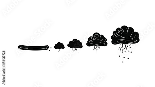 Stages of a storm cloud forming and raining, from a simple line to a dark, swirling mass.