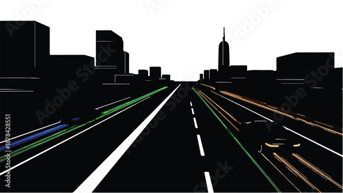 Futuristic cityscape with a highway perspective and glowing lanes