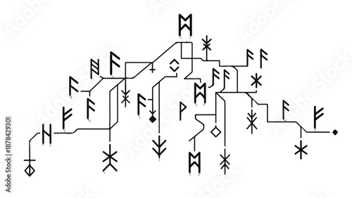 Mysterious ancient rune map with intricate symbols and pathways.