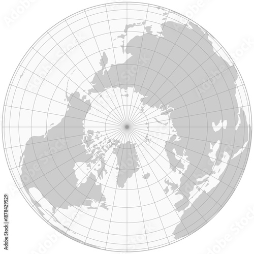 Gray world map with latitude and longitude grid lines in north pole polar projection view. 