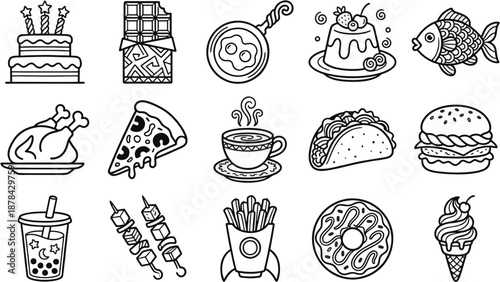 Hand Drawn Food and Drink Icon Set, Vector Line Art Doodles of Fast Food Dessert and Snacks for Restaurant Menu Design