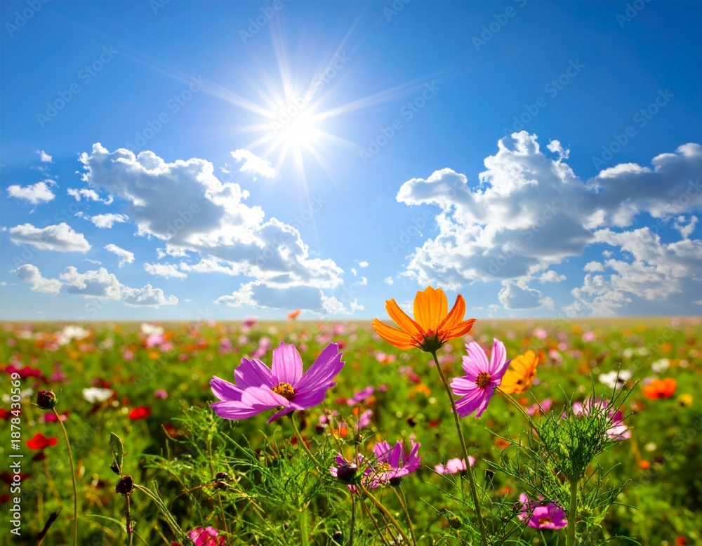 Fototapeta premium Vibrant Wildflower Field Under Bright Blue Sky and Shining Sunlight
