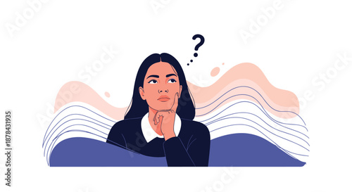 Thoughtful young woman looking up with a confused expression and a question mark above her against abstract waves.