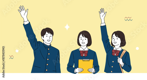 Three cheerful school students in uniforms with two of them raising their hands excitedly in a classroom setting.