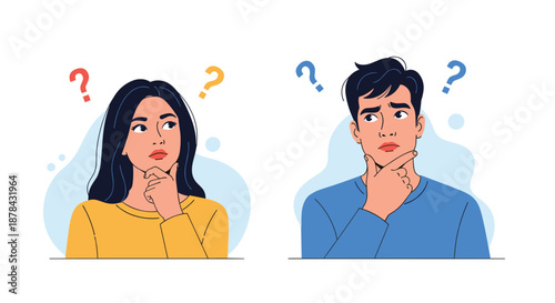 Confused man and woman looking away thoughtfully with question marks around their heads against a light blue background.