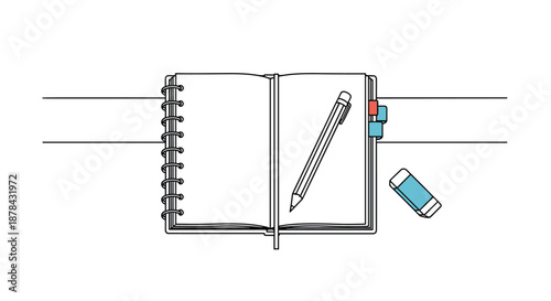 Top view illustration of an empty open spiral notebook with a pen resting on the pages and an eraser on the side.