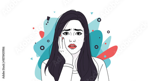 Concerned young woman looking worried with her hand on her cheek against a colorful abstract geometric background.
