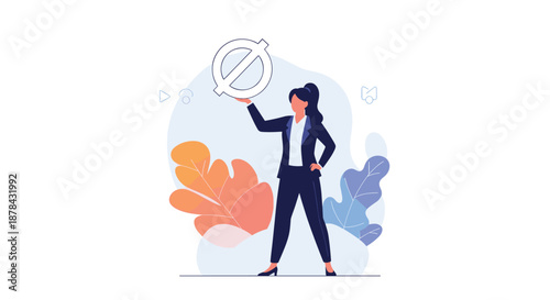 Businesswoman in a formal suit holding a large prohibitory sign representing restriction or forbidden actions in office.