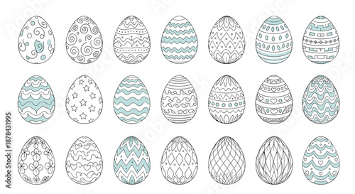 Collection of various decorated Easter eggs with different patterns and designs arranged in three rows on white background.