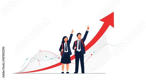 Two school students in uniforms looking up and pointing at a large red arrow rising upwards representing success.
