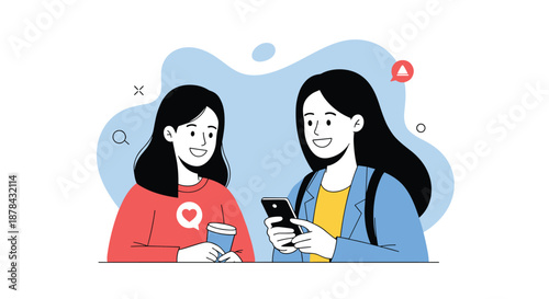 Two young female friends chatting together against a blue background with one holding a cup of coffee and the other using a smartphone.