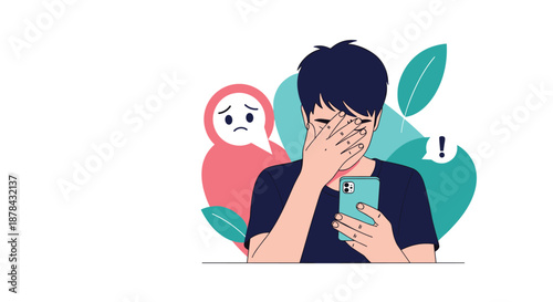 Young person looking at their smartphone with a worried expression and sad emojis showing emotional distress online.