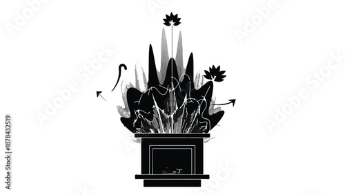 Mysterious dark flames erupt from a stylized hearth, symbolizing transformation and powerful energy.