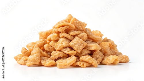 Pork Cracklings A pile of crispy, golden pork rinds on a plain background.