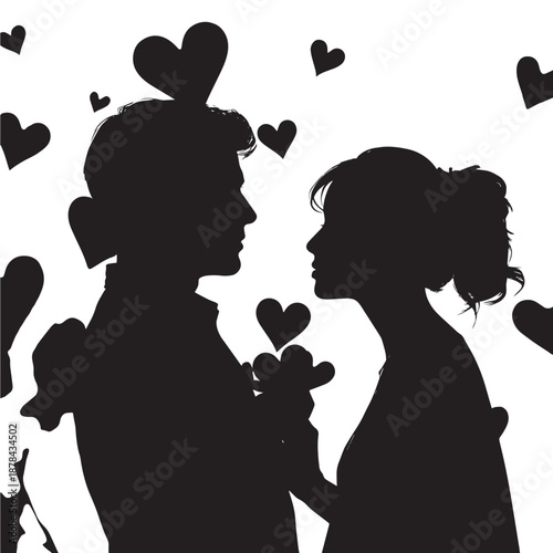 Romantic couple surrounded by floating hearts in red silhouette