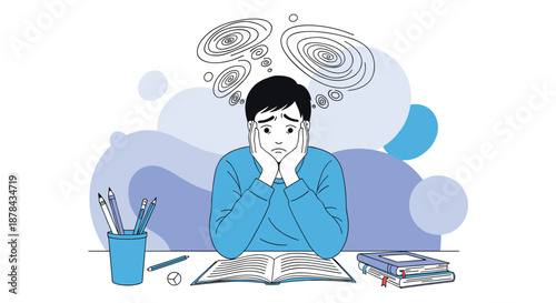 Exhausted young student sitting at a desk full of school supplies while feeling completely overwhelmed by his busy studies.