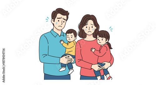 Worried parents holding their crying young children with tears on their faces showing family stress and emotional exhaustion.