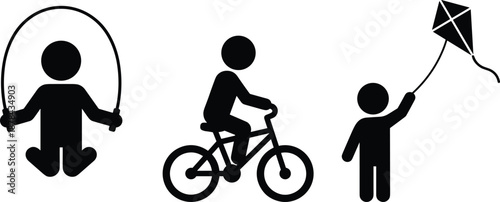 Black stick figure children activity icons showing jump rope exercise, bicycle riding, and kite flying outdoor play isolated on white background