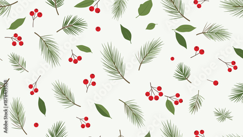Festive seamless pattern featuring green pine needles and small red holly berries scattered across a light grey background for winter.
