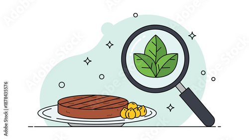 Plant based burger patty on a white plate being closely examined through a magnifying glass to reveal fresh green leaves inside.