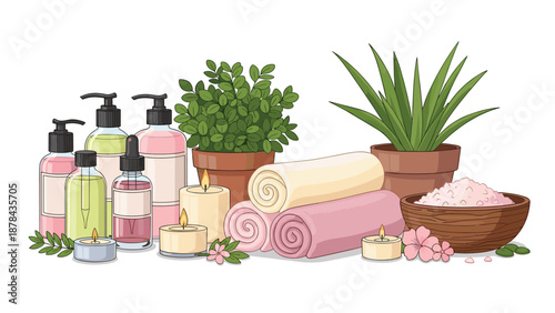 Peaceful spa and wellness arrangement with essential oils scented candles rolled towels and potted aloe vera plants on white.