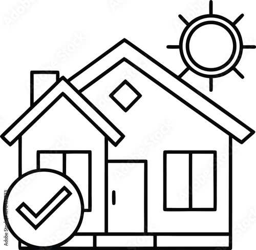 Line drawing of house with sun and check mark