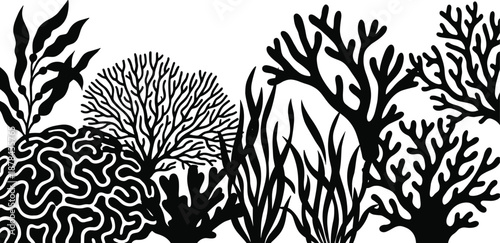 Underwater coral reef silhouette illustration showing sea plants algae coral shapes marine nature black vector isolated background