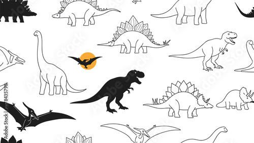Seamless pattern featuring outlines of various dinosaurs such as triceratops and stegosaurus with some filled in black silhouettes.