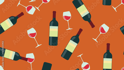 Vibrant seamless pattern of red wine bottles and half filled wine glasses scattered on a warm orange background for a party theme.