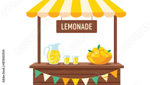 Charming lemonade stand illustration with a wooden counter a yellow striped awning and a pitcher full of fresh citrus drink.