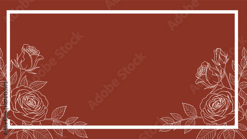 Elegant frame with delicate white line art outlines of roses and leaves placed in the corners on a deep red background for messages.