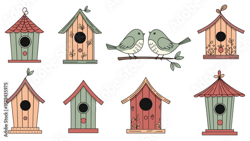 Delightful collection of eight unique wooden birdhouses in various colors and designs with a pair of birds on a branch in the middle.