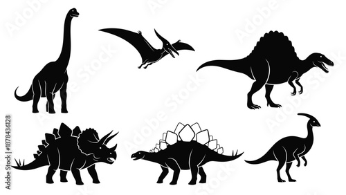 Set of black dinosaur silhouettes including brachiosaurus pterodactyl spinosaurus triceratops stegosaurus and parasaurolophus on white.