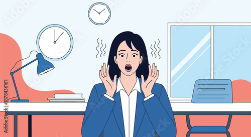 Shocked young businesswoman sitting at her office desk with a surprised facial expression and raised hands in front.