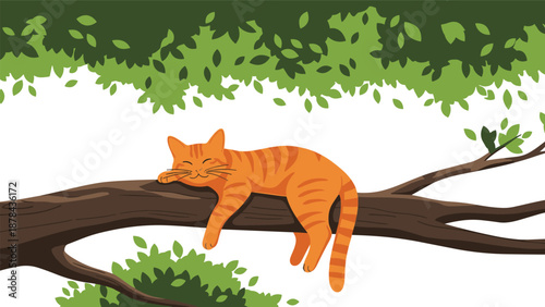 Adorable orange tabby cat peacefully sleeping on a thick tree branch surrounded by lush green leaves against a bright white background.