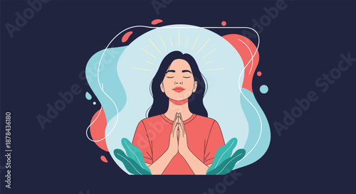 Peaceful woman meditating with her eyes closed and a bright halo of light rays behind her head on a dark background.