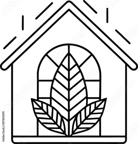 Simple line drawing of a house with a plant growing inside