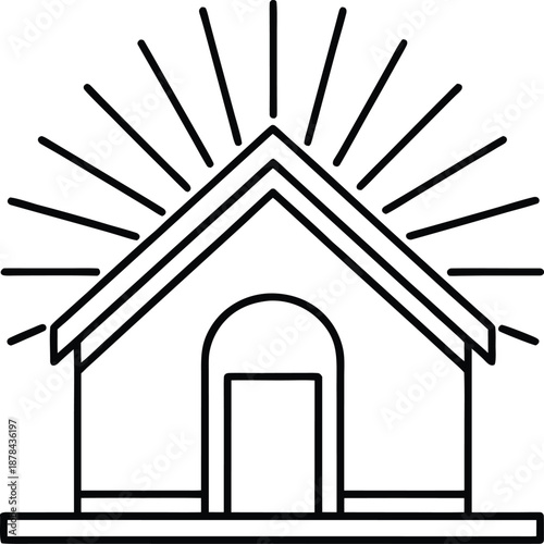 simple house with sun rays shining behind roof