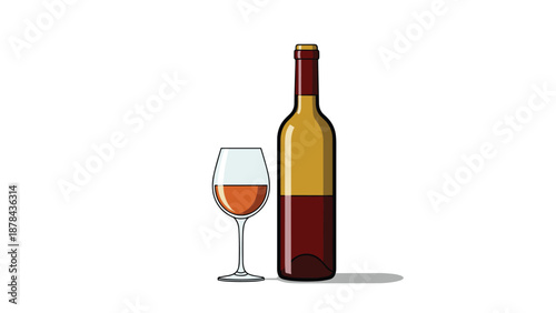 Simple illustration of a bottle of rose wine next to a filled glass showing the beverage in a clean and modern vector style on a white background.