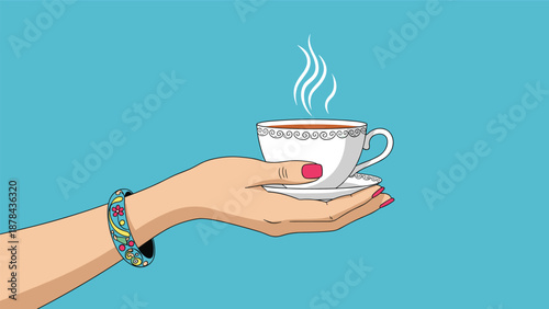 Close up of a womans hand with manicured red nails and a colorful floral bracelet holding a steaming white teacup and saucer on blue.
