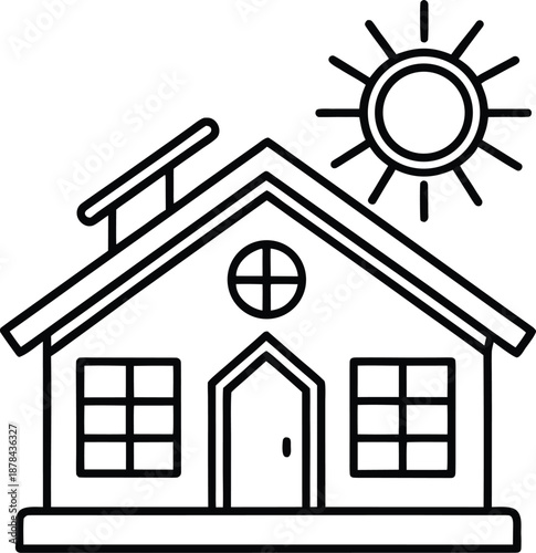 Simple line drawing of a house with a sun