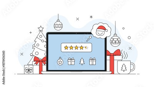 Laptop screen showing five star rating system with festive Christmas background featuring a tree, gift boxes, and hanging holiday ornaments.