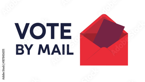 Modern flat graphic design with a red open envelope containing a dark ballot paper next to bold typography reading vote by mail for elections.