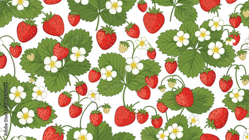 Beautiful seamless pattern featuring ripe red strawberries green leaves and delicate white blossoms for a fresh and summery fruit theme.