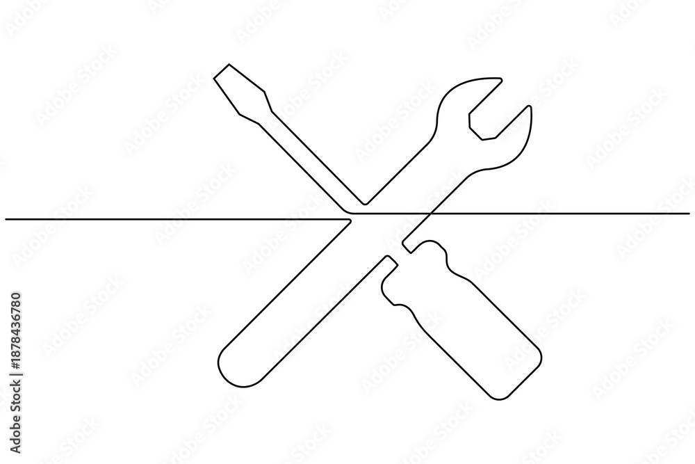 Fototapeta premium Wrench and screwdriver continuous one line art drawing on white background